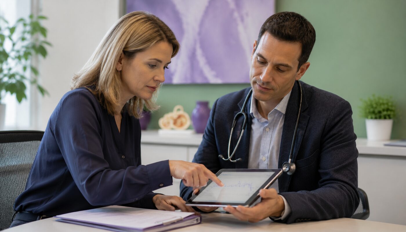 Two doctors reviewing a balance test result together
