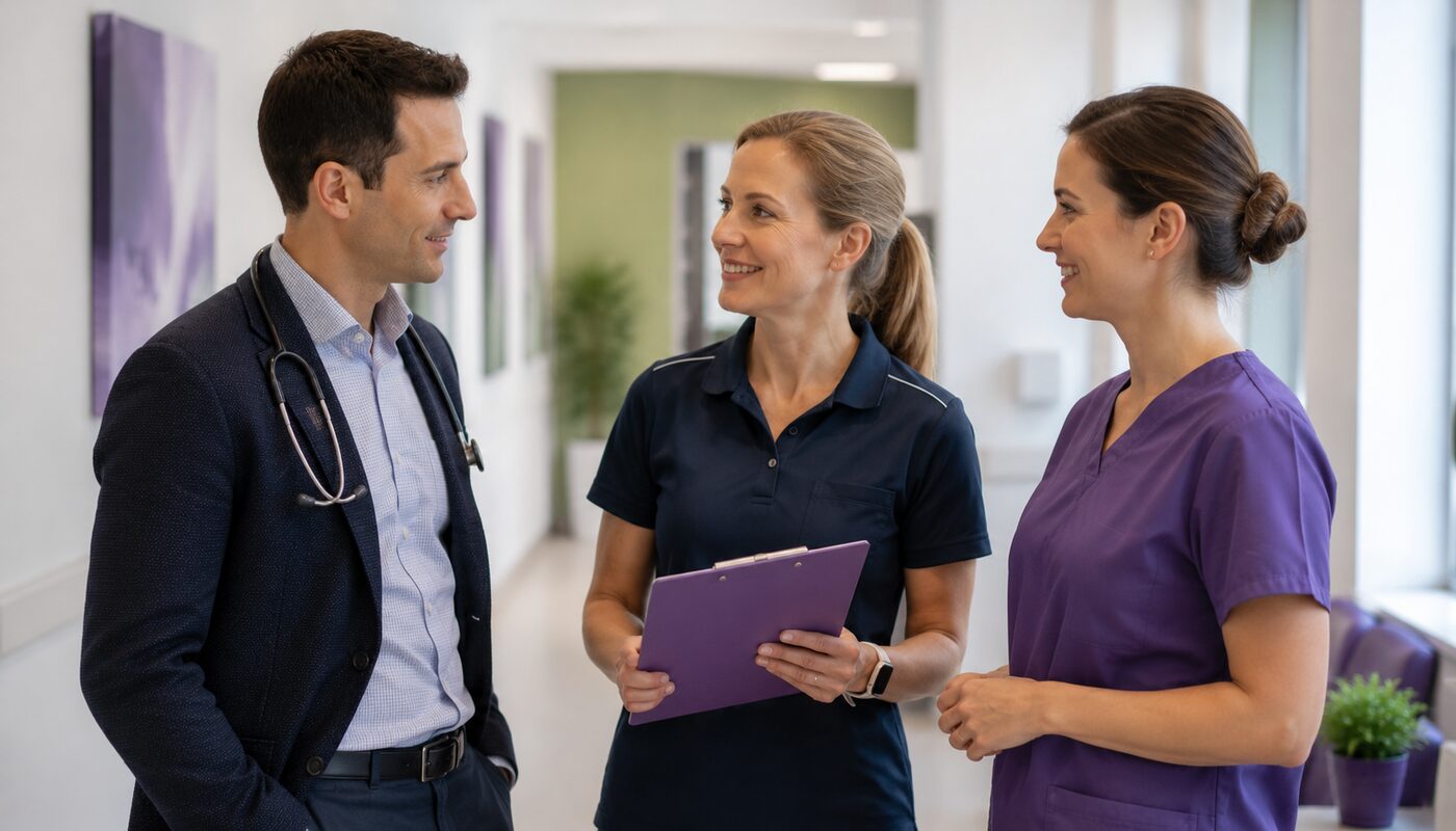 Doctor, physiotherapist and nurse discussing care together
