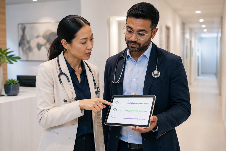 A GP and a vestibular medicine doctor discussing eye-movement test results together
