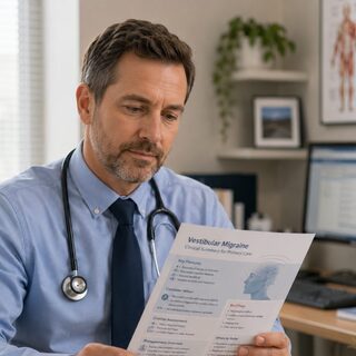 Clinician reviewing a vestibular medicine summary